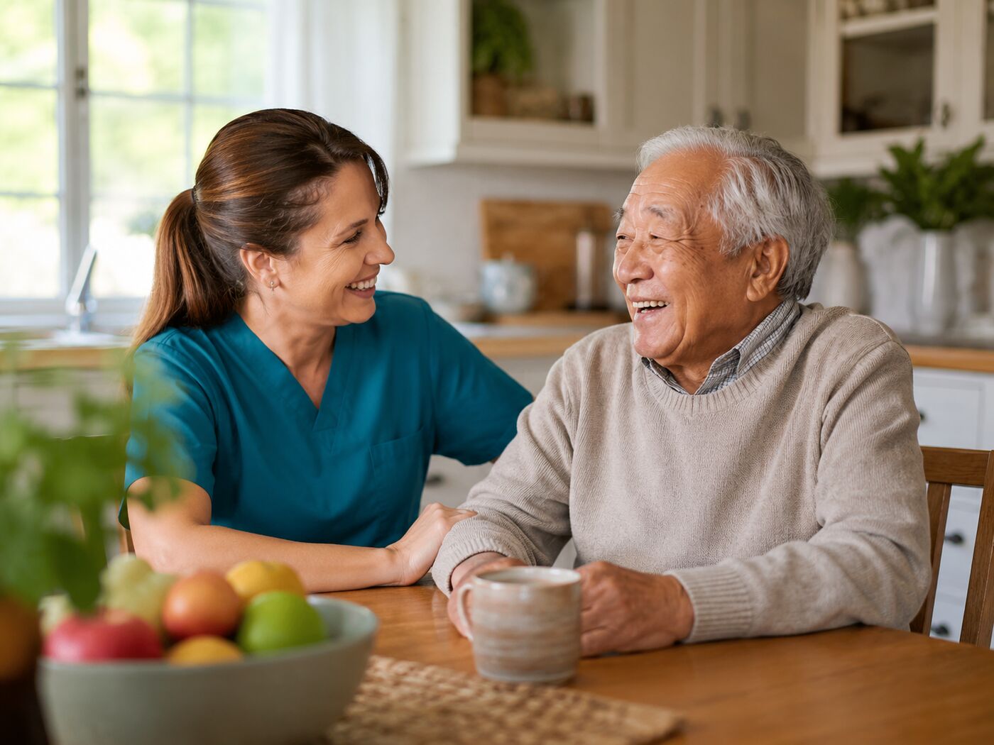 Caregiver and client sharing a moment at the kitchen table