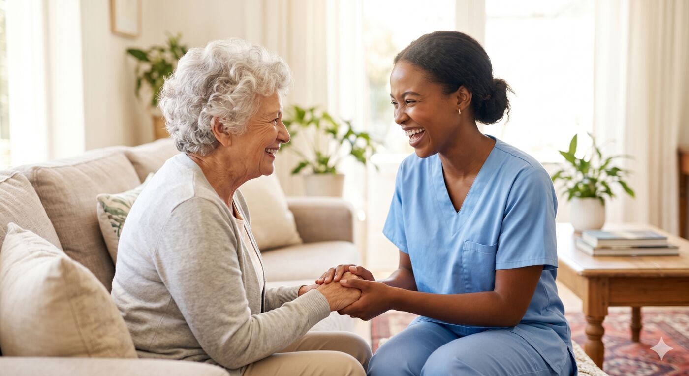 Caregiver holding hands with client