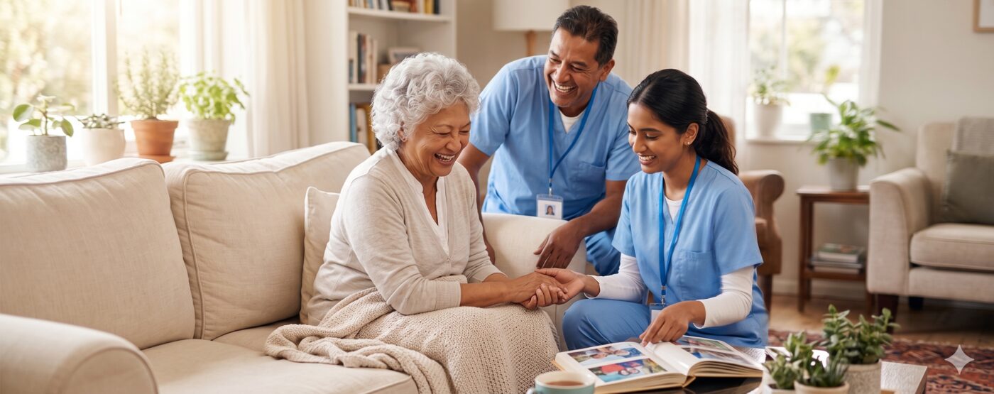 Two caregivers with elderly client looking at photos together